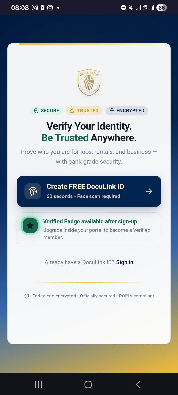 DocuLink welcome screen with a Create FREE DocuLink ID button.