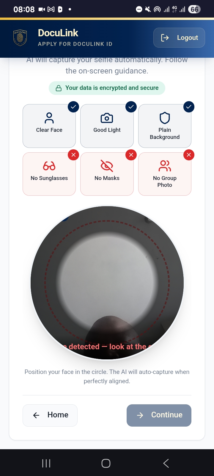 Face scan screen with helpful guidance icons for clear face, good light, plain background, no sunglasses, no masks, no group photo.
