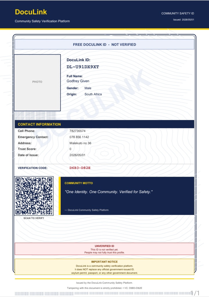 Example DocuLink ID card with photo, name, ID number and QR code.