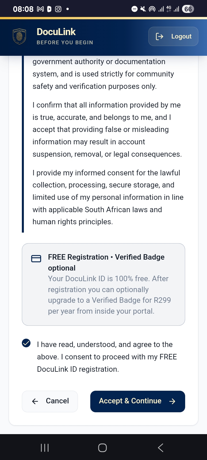 Consent screen showing the agreement checkbox and Accept & Continue button.